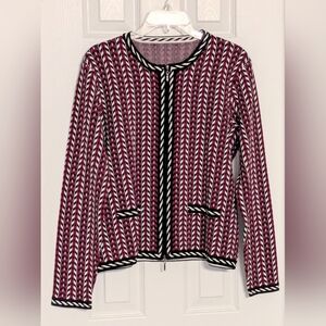 Kasper Women's (Large) Black Red & White Zip-Front Geometric Pattern Cardigan